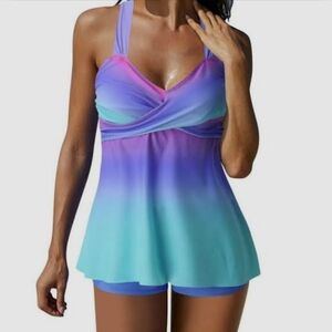 Womens Cross Wrap Tankini & Boyshorts Purple Blue Two Piece Swimwear Size Large